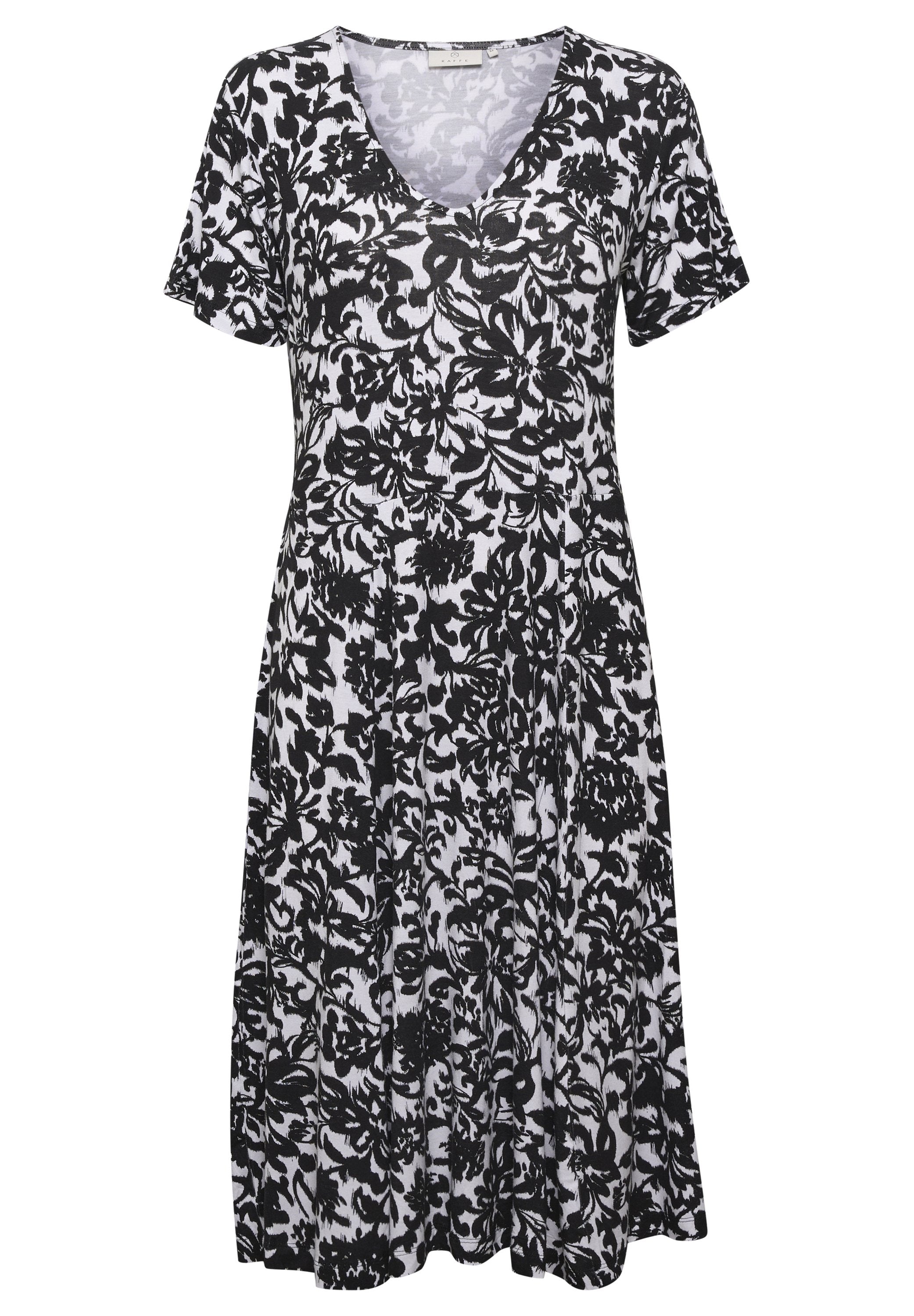 Schwarz-weißes, blumenmusterndes, kurzes Kleid mit kurzen Ärmeln und V-Ausschnitt, aus einem weichen Stoff gefertigt, mit einem schwingenden Rock.