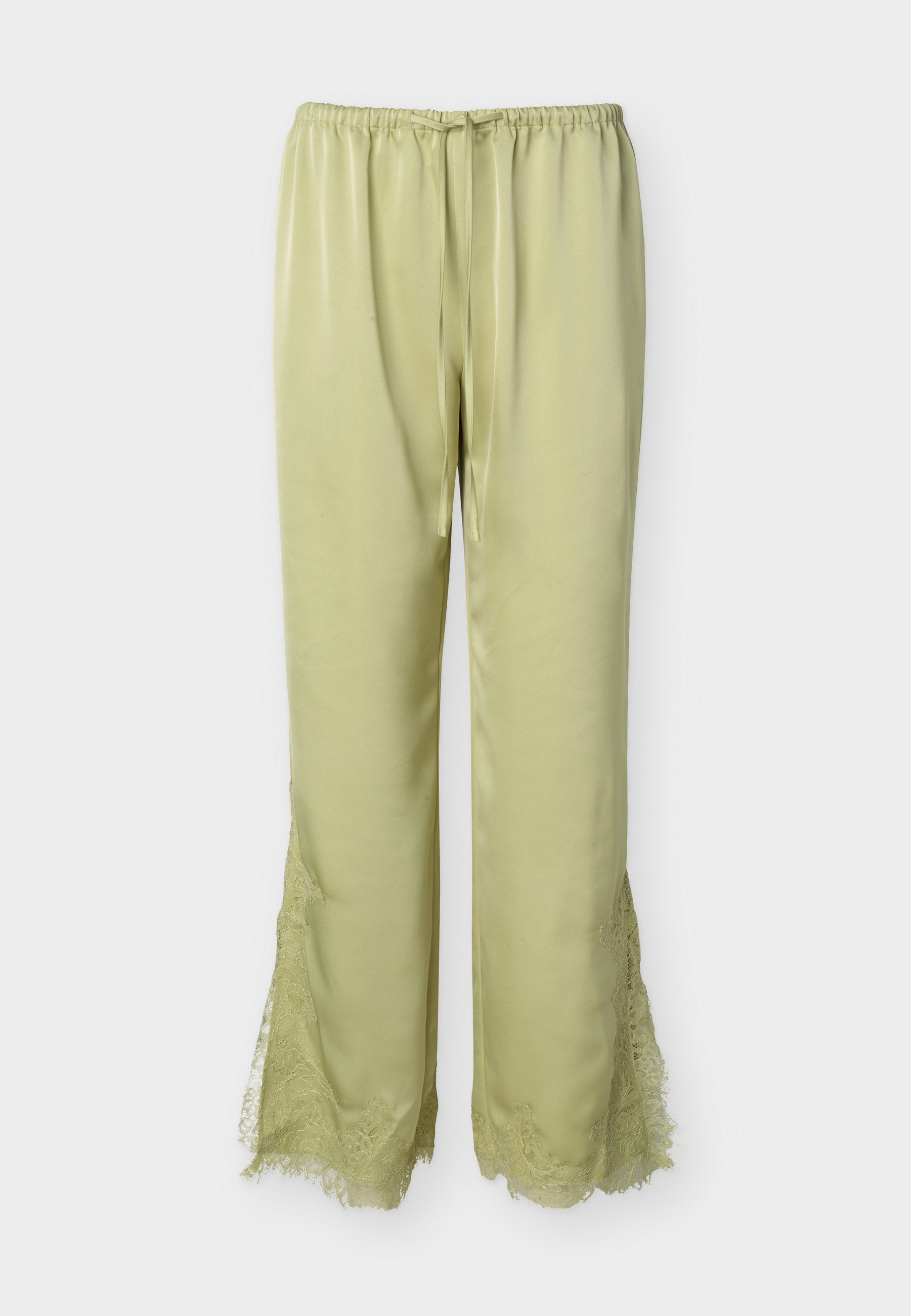 Hellgrüne Satin-Hose mit elastischem Bund, Kordelzug und Spitzenverzierung entlang der äußeren unteren Beine und Säume.