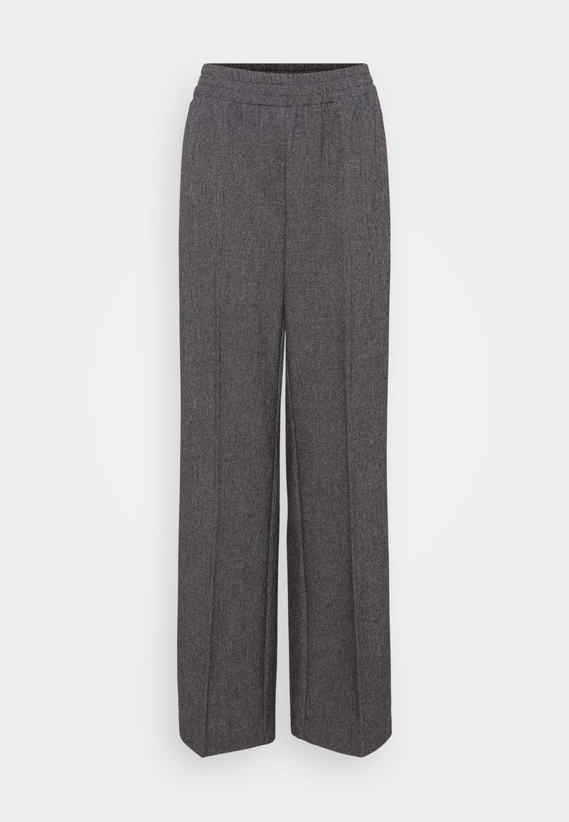 Graue, weit geschnittene Hosen mit elastischem Bund, aus einem strukturierten Stoff und mit dezentem Muster. Keine Taschen oder sichtbaren Verschlüsse.