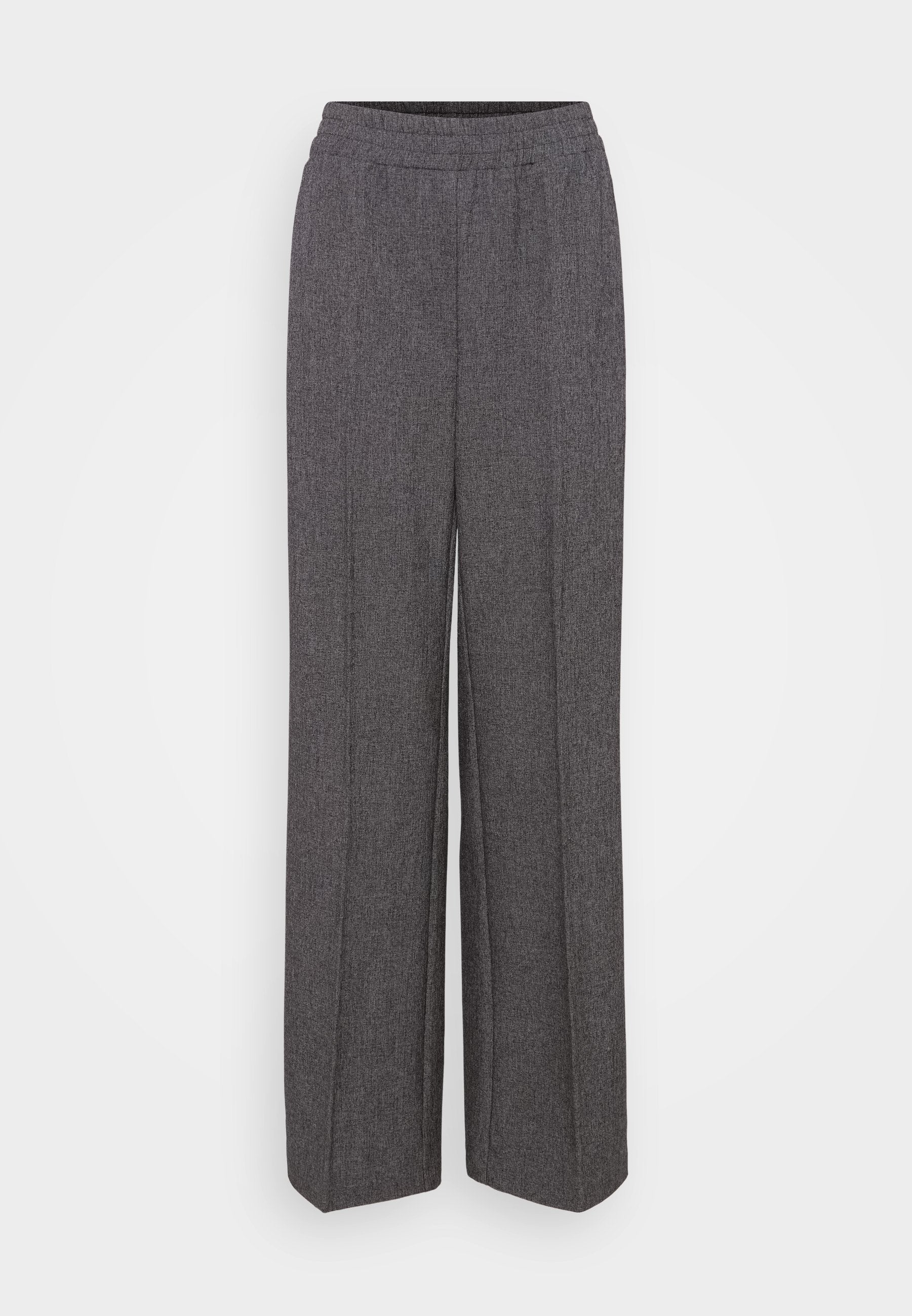 Graue, weit geschnittene Hosen mit elastischem Bund, aus einem strukturierten Stoff und mit dezentem Muster. Keine Taschen oder sichtbaren Verschlüsse.