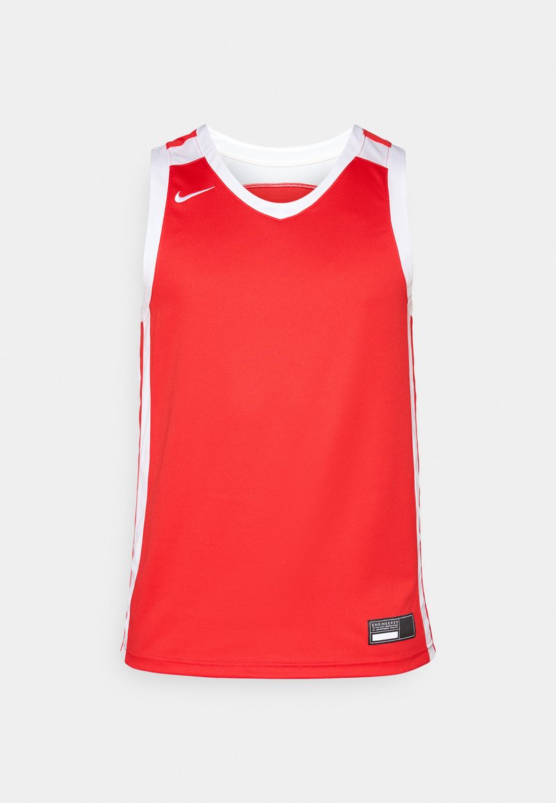 Rotes ärmelloses Basketballtrikot mit weißen Akzenten, V-Ausschnitt-Design und einem Etikett am Saum. Hergestellt aus glattem Stoff mit feuchtigkeitsableitenden Eigenschaften.