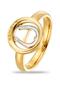 Goldring mit einem runden Emblem, das einen Perlmuttbuchstaben "D" und das Wort "AGNER" eingraviert auf dem Band und dem Emblem zeigt.