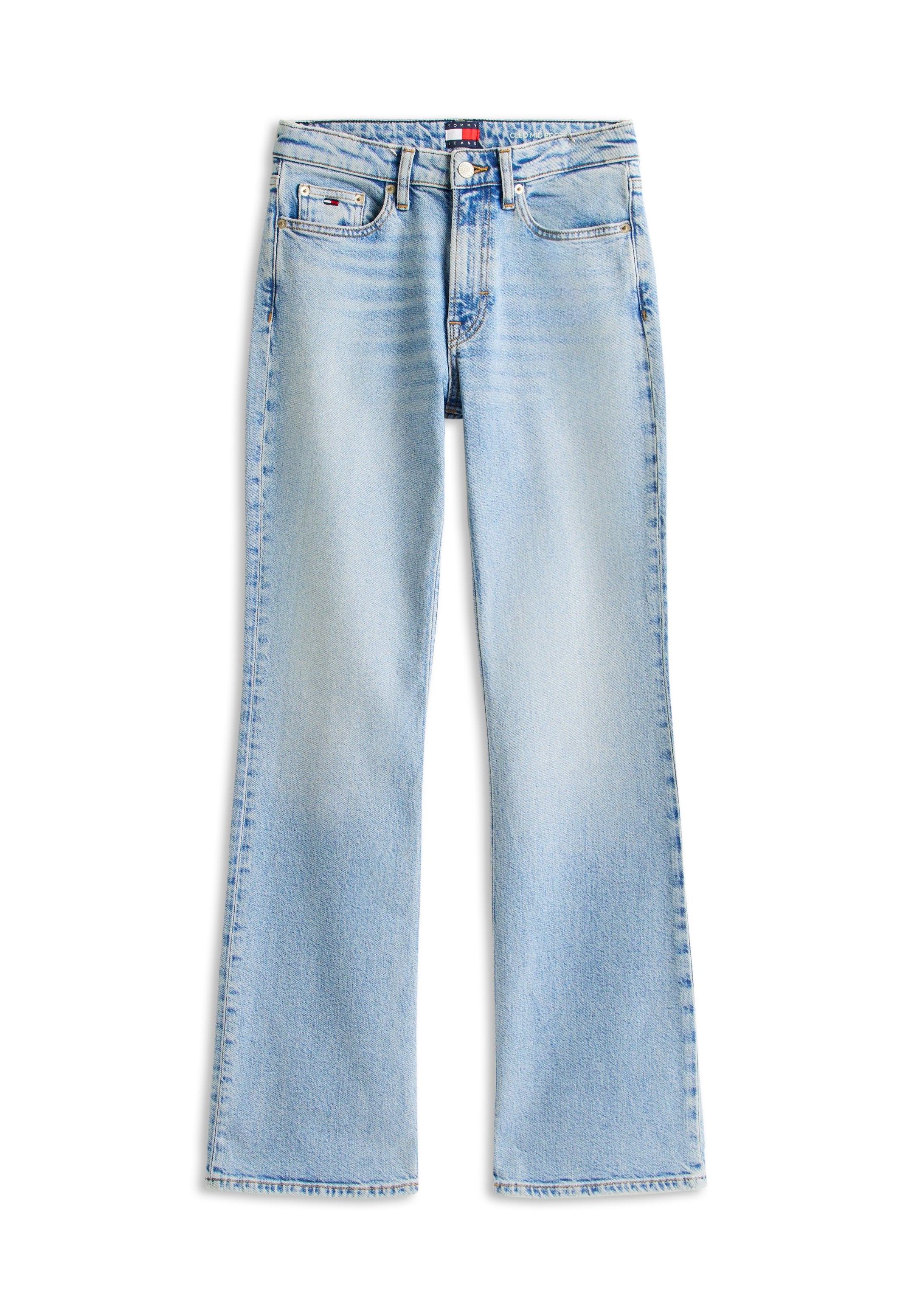 Hellblaue Jeans aus Denim mit hoher Taille, Knopf- und Reißverschluss, fünf Taschen und leicht ausgestellten Hosenbeinen.