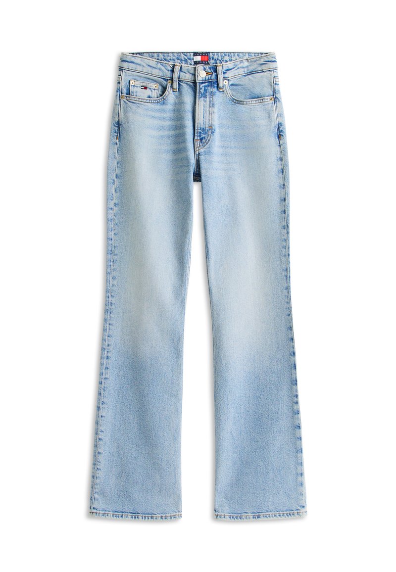 Hellblaue Jeans aus Denim mit hoher Taille, Knopf- und Reißverschluss, fünf Taschen und leicht ausgestellten Hosenbeinen.