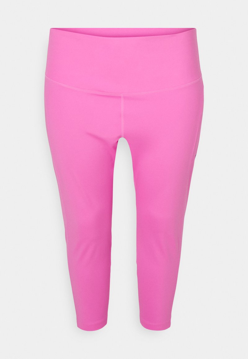 Rosa sportliche Capri-Leggings aus elastischem Material, mit einem breiten Taillenbund und nahtlosem Design für Komfort und Bewegungsfreiheit.