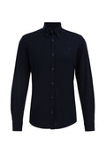 Dunkelblaues Langarmhemd mit Button-Down-Kragen, vorderer Leiste und passenden Knöpfen; mit einem kleinen Logo auf der Brust.