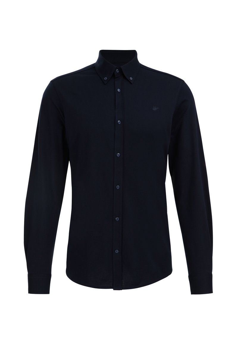 Dunkelblaues Langarmhemd mit Button-Down-Kragen, vorderer Leiste und passenden Knöpfen; mit einem kleinen Logo auf der Brust.