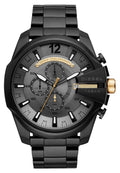 Schwarze Edelstahl-Uhr mit grauem Ziffernblatt, goldenen Akzenten, drei Subdials, auffälligen Stundenmarkierungen und einer großen Krone für Einstellungen.