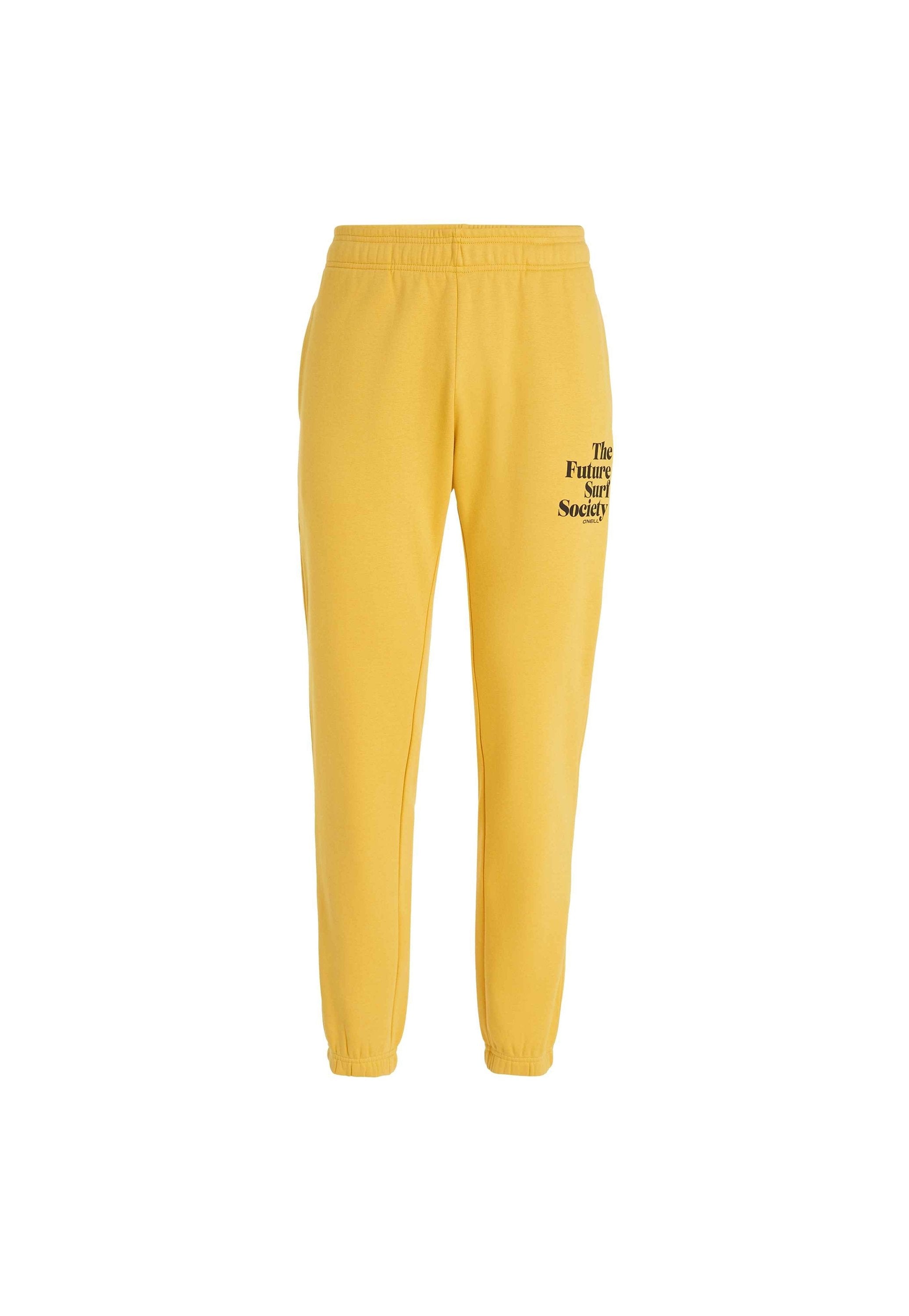 Gelbe Sweatpants aus Baumwolle mit einem elastischen Bund und Bündchen. Mit einem schwarzen Drucklogo auf dem linken Oberschenkel.