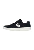 Schwarze Sneaker mit Obermaterial aus Wildleder und Textil, weißem Logoschriftzug und Gummisohle. Verfügt über ein klassisches Schnürdesign und einen gepolsterten Schaft.