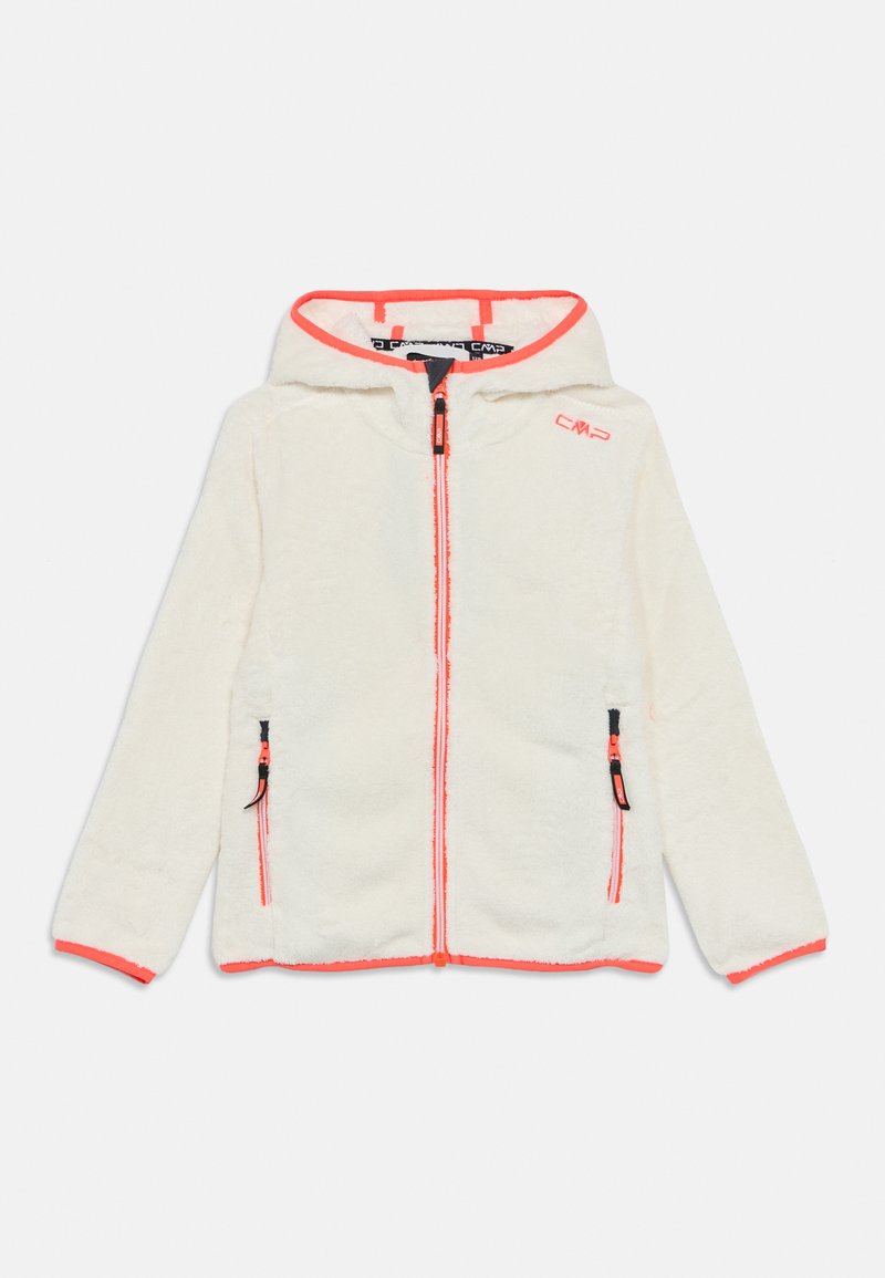 Weißes Fleece-Jacke mit Kapuze, die orangefarbene Akzente entlang des Reißverschlusses und der Bündchen aufweist. Zwei Reißverschlusstaschen auf der Vorderseite.