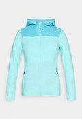 Hellblauer Zipper-Hoodie mit strukturiertem Stoff, gemustertem Schultereinsatz, langen Ärmeln, zwei Reißverschlusstaschen und Kapuze.