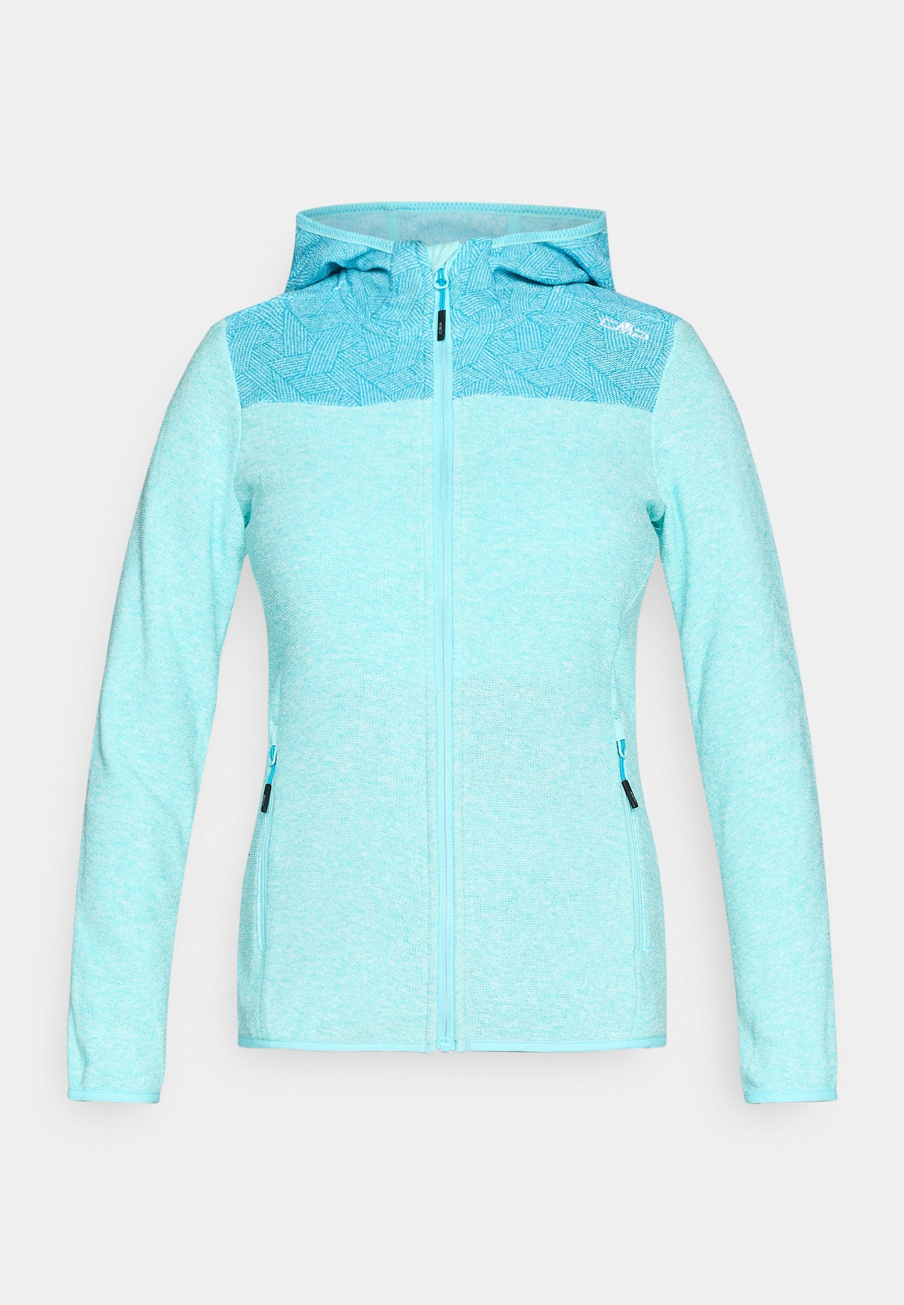Hellblauer Zipper-Hoodie mit strukturiertem Stoff, gemustertem Schultereinsatz, langen Ärmeln, zwei Reißverschlusstaschen und Kapuze.
