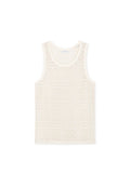 Cremefarbenes ärmelloses Tanktop mit einem strukturierten, spitzenähnlichen Muster und geometrischen Designs. Weicher Stoff mit rundem Ausschnitt und sauberen Kanten.