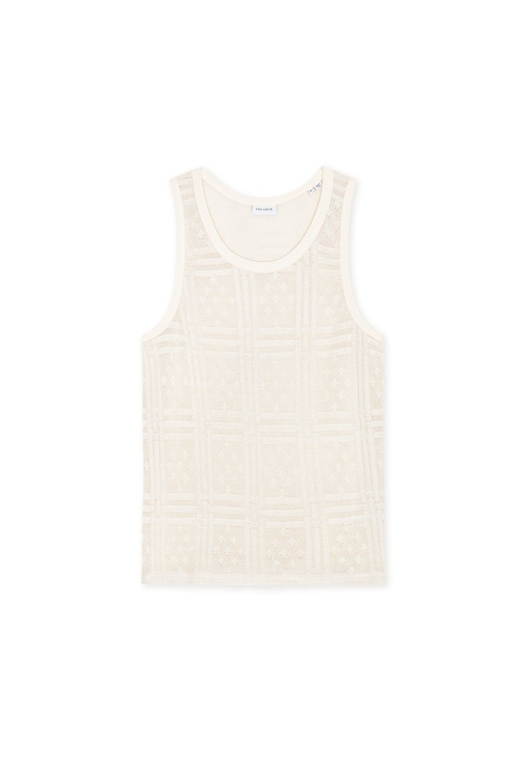 Cremefarbenes ärmelloses Tanktop mit einem strukturierten, spitzenähnlichen Muster und geometrischen Designs. Weicher Stoff mit rundem Ausschnitt und sauberen Kanten.