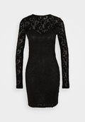 Schwarzes Langarmkleid aus durchsichtiger Spitze mit floralen Mustern, einer taillierten Silhouette und einem runden Ausschnitt.