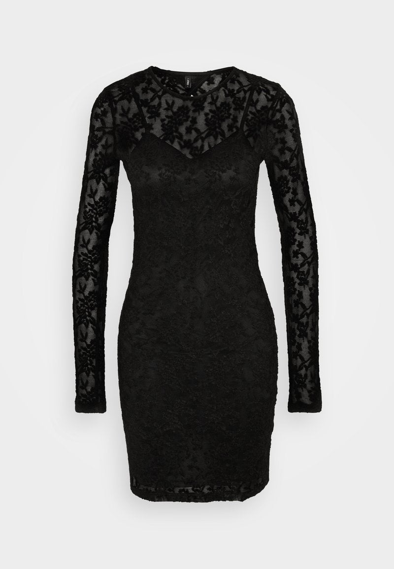Schwarzes Langarmkleid aus durchsichtiger Spitze mit floralen Mustern, einer taillierten Silhouette und einem runden Ausschnitt.
