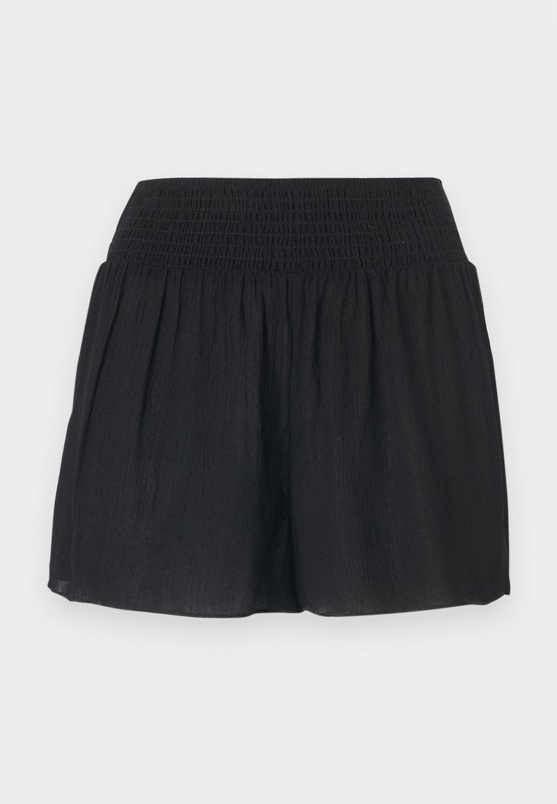 Schwarze Shorts aus leichtem Stoff mit einem gerafften Bund und einem lockeren, fließenden Design. Verfügt über eine subtile Textur und keine sichtbaren Beschläge.