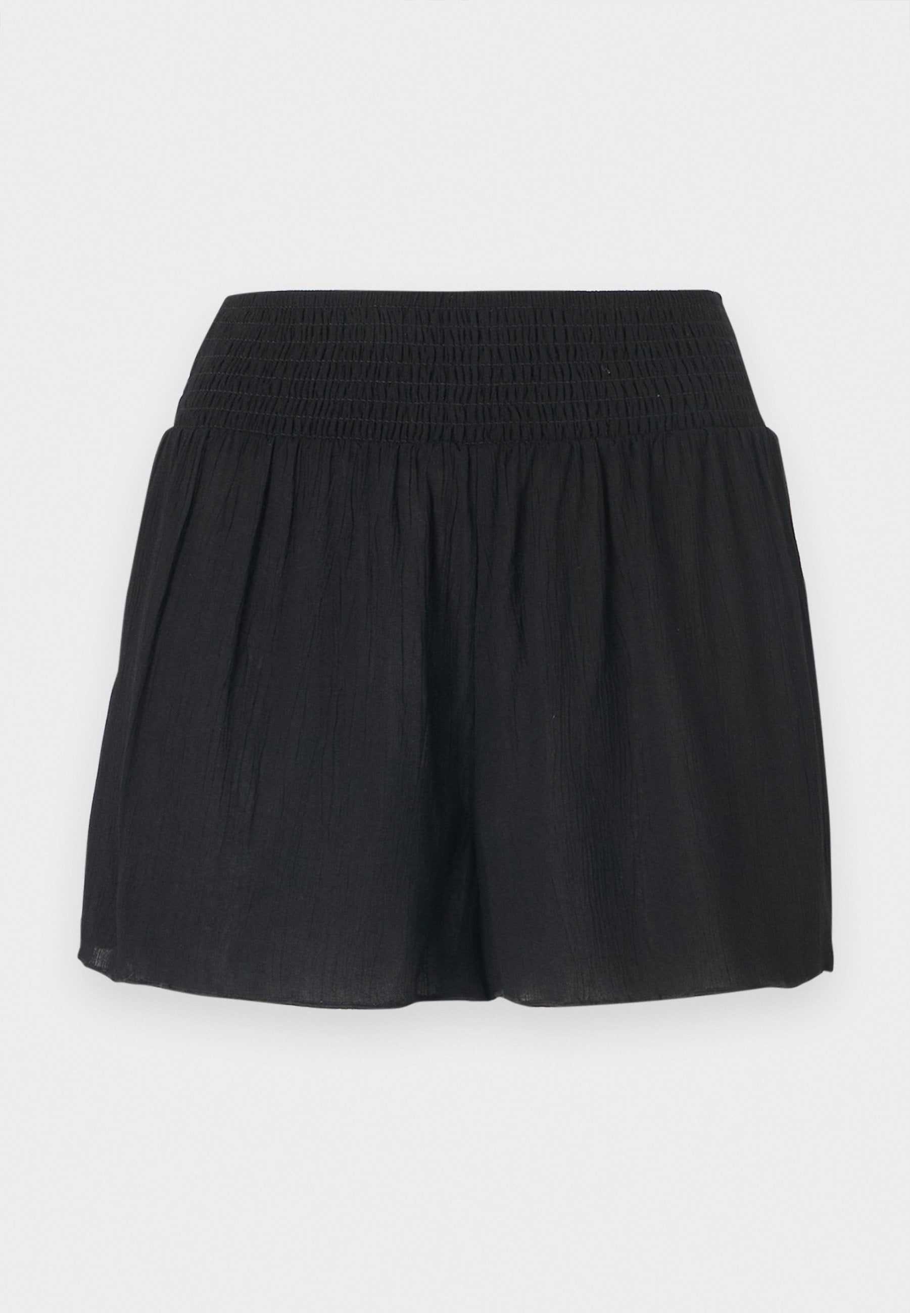 Schwarze Shorts aus leichtem Stoff mit einem gerafften Bund und einem lockeren, fließenden Design. Verfügt über eine subtile Textur und keine sichtbaren Beschläge.
