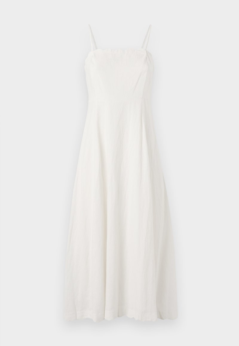 Weißes Leinenkleid mit dünnen, verstellbaren Trägern, figurbetontem Oberteil und fließender A-Linie. Glatte Textur mit minimalen Designelementen.