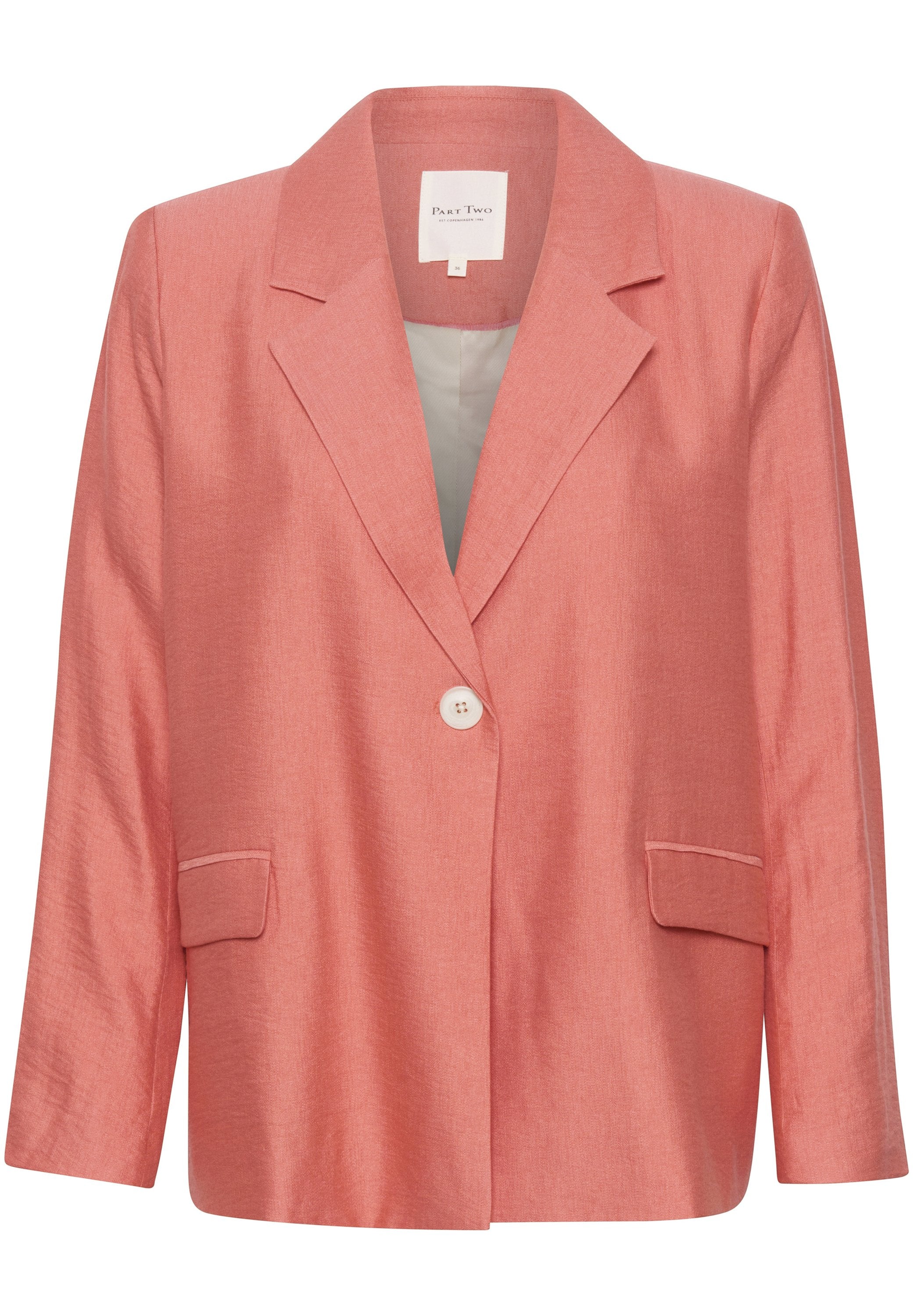 Rosa Leinenblazer mit Reverskragen, einem Knopfverschluss und zwei frontalen Taschen. Ausgestattet mit einer leicht strukturierten Oberfläche und lockerer Passform.