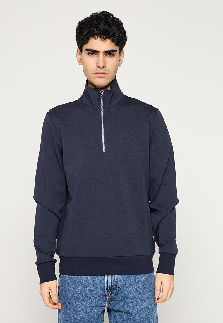 Marineblauer Sweatshirt mit Reißverschluss, hohem Kragen, langen Ärmeln, gerippten Bündchen und Taillenbündchen. Glatter, strukturierter Stoff; minimalistisches Design.