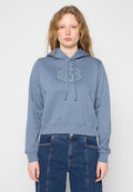 Abgeschnittener blauer Hoodie aus weichem Stoff, mit Kapuze und Kordelzug sowie einem tonalen "DIESEL"-Logo. Lange Ärmel und gerippte Bündchen.
