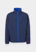 Marineblaue Jacke mit hohem Kragen, Fleece-Futter im Kragen und kontrastierendem blauen Reißverschluss. Verfügt über Seitentaschen und elastische Bündchen.