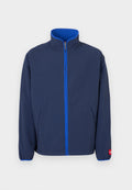 Marineblaue Jacke mit hohem Kragen, Fleece-Futter im Kragen und kontrastierendem blauen Reißverschluss. Verfügt über Seitentaschen und elastische Bündchen.