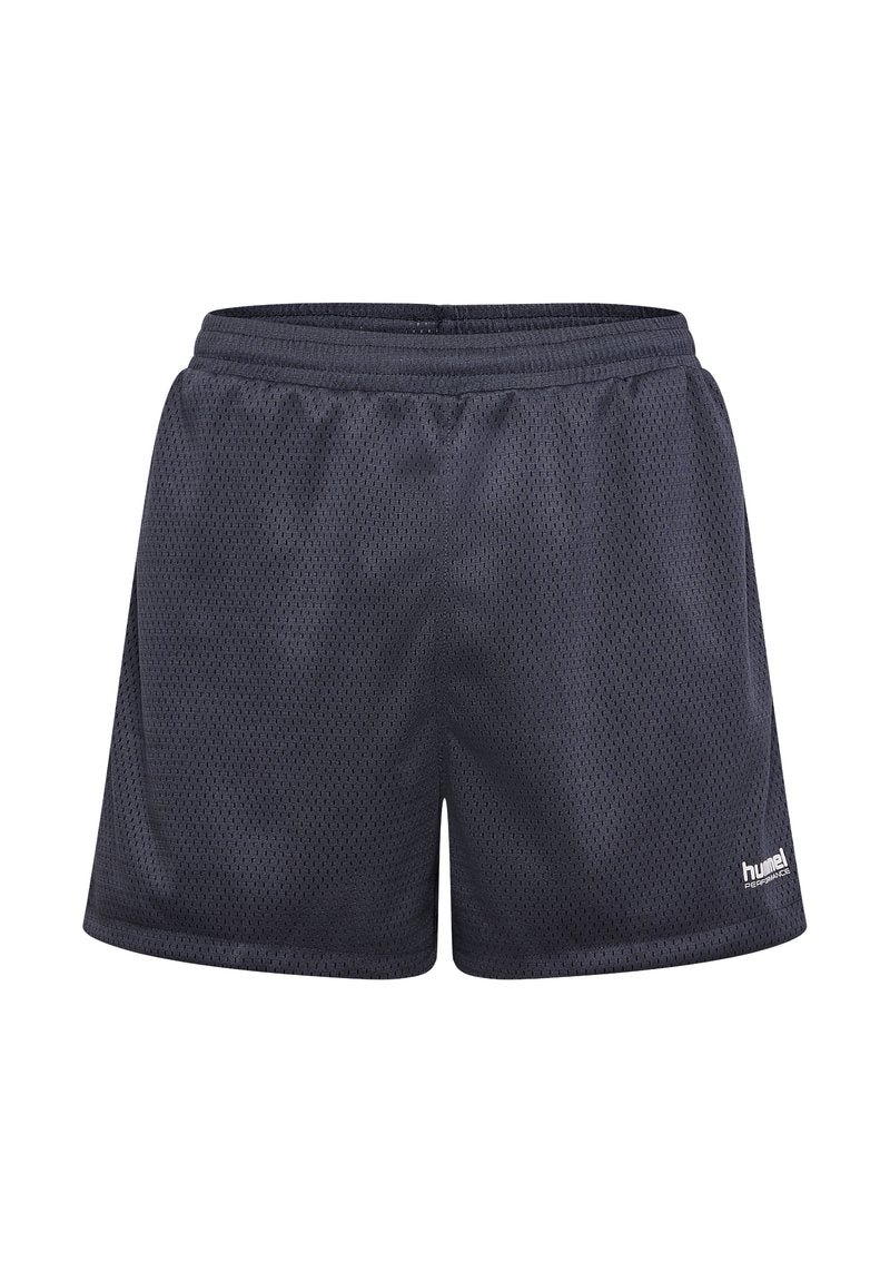 Dunkelblaue Mesh-Sportshorts mit einem elastischen Bund und einem kleinen weißen Logo auf der unteren rechten Seite. Atmungsaktiver Stoff.