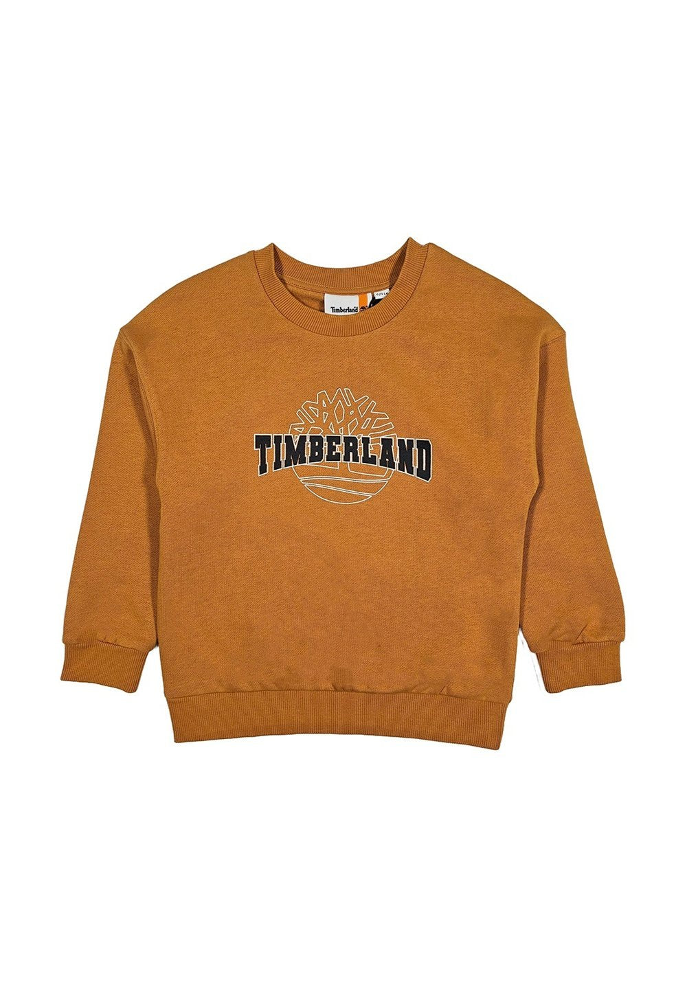 Oranges Baumwoll-Sweatshirt mit Rundhalsausschnitt, langen Ärmeln, gerippten Bündchen und dem "TIMBERLAND"-Logo mit Baumgrafik auf der Vorderseite.