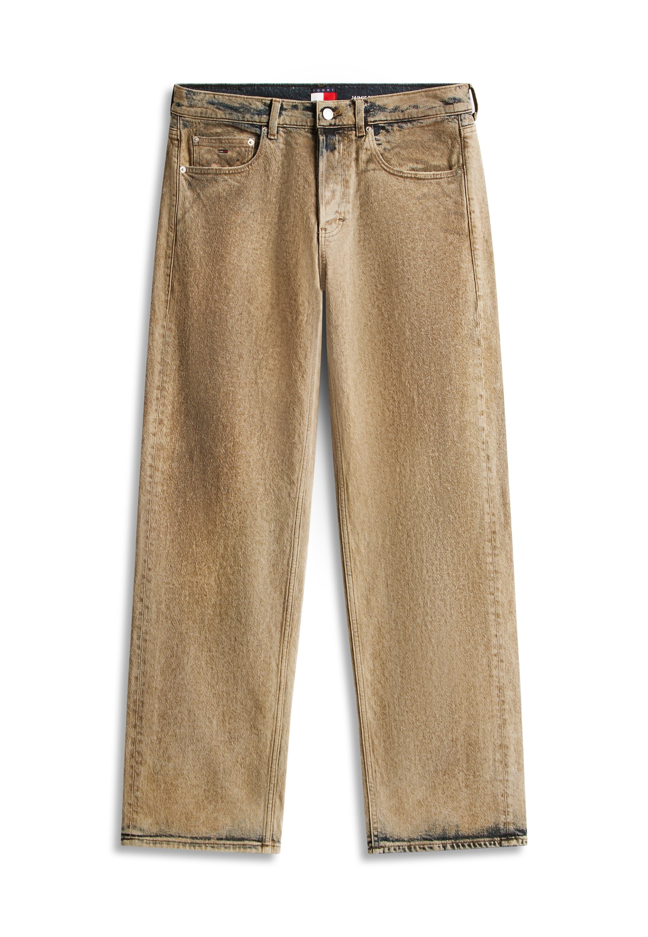 Hellbraune Jeans mit geradem Bein, klassischem Fünf-Taschen-Design, Gürtelschlaufen und Knopfverschluss an der Taille.
