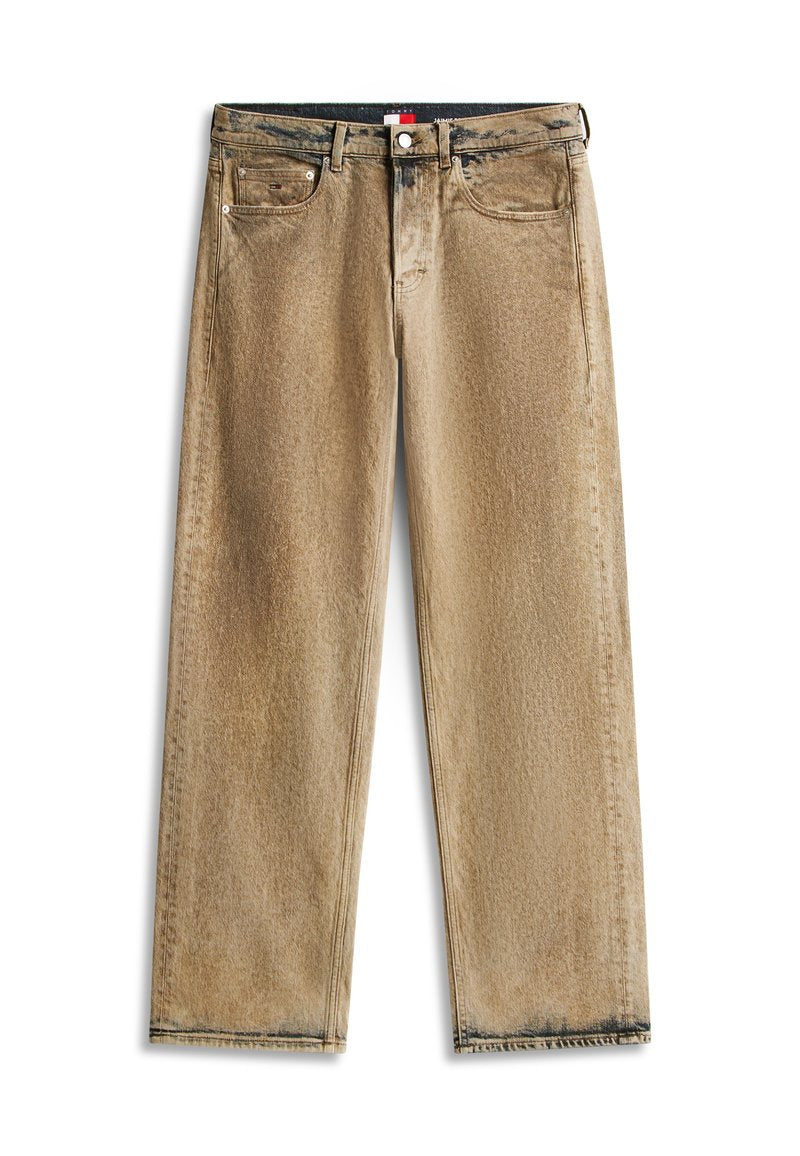 Hellbraune Jeans mit geradem Bein, klassischem Fünf-Taschen-Design, Gürtelschlaufen und Knopfverschluss an der Taille.
