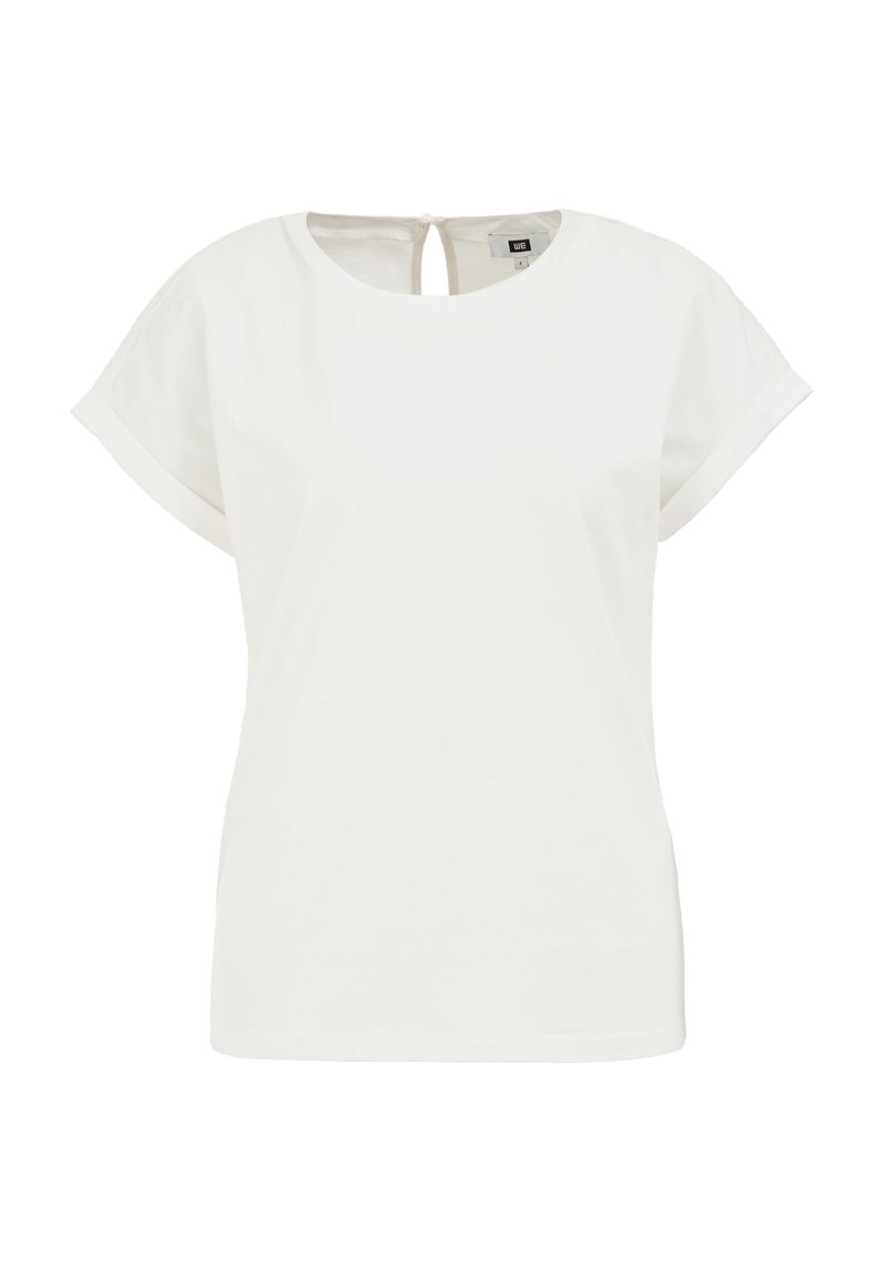 Weißes Baumwoll-T-Shirt mit rundem Ausschnitt, kurzen umgeschlagenen Ärmeln und einem Schlüsselaugen-Detail am Rücken. Glatte Textur, normale Passform.