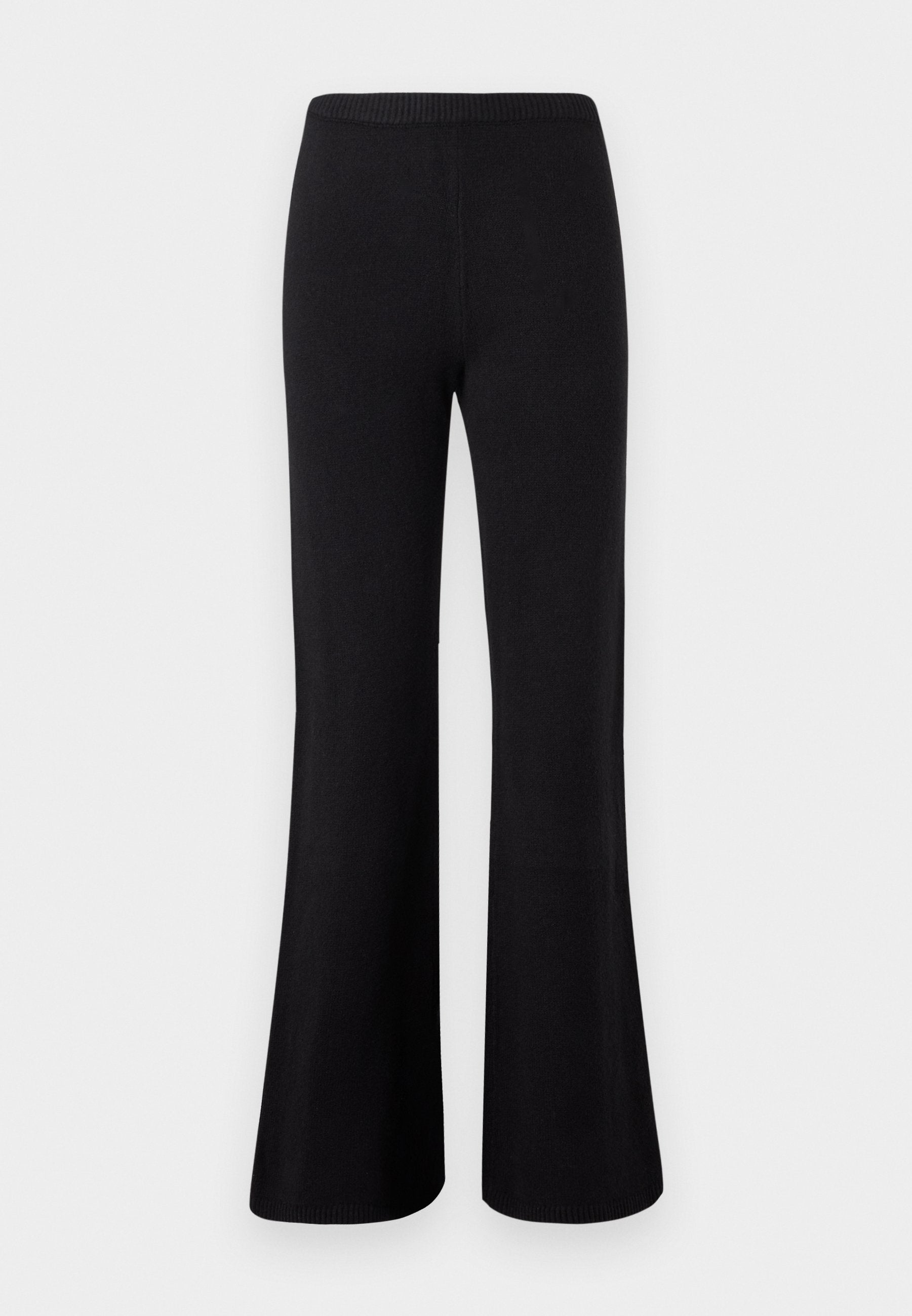 Schwarze weite Hosen mit einem weit geschnittenen Bein, elastischem Bund und glatter Textur. Keine sichtbaren Muster oder Metalldetails.
