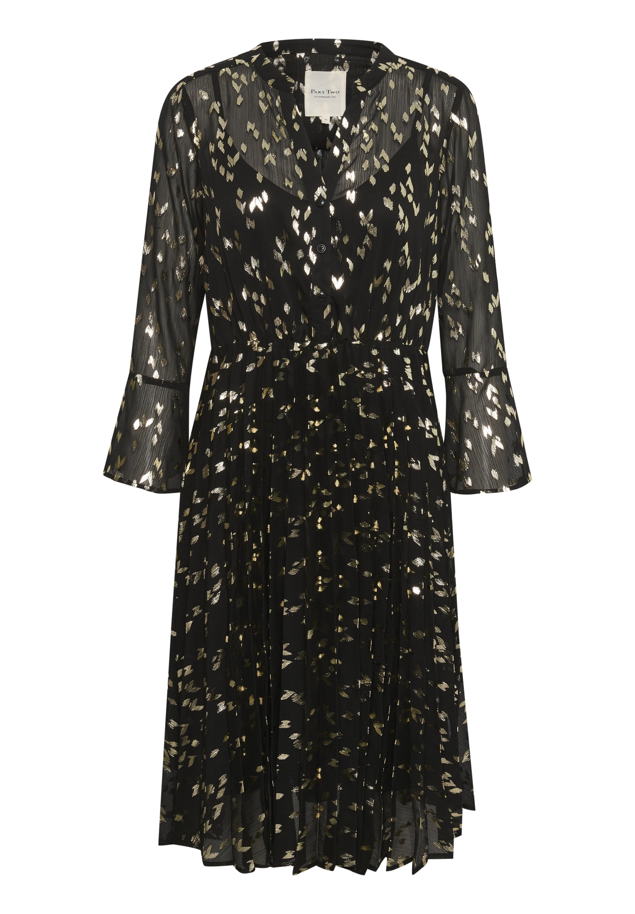 Schwarzes transparentes Midikleid mit goldenen metallischen abstrakten Punkten, durchgehender Knopfleiste, geraffter Taille und dreiviertellangen Glockenärmel.
