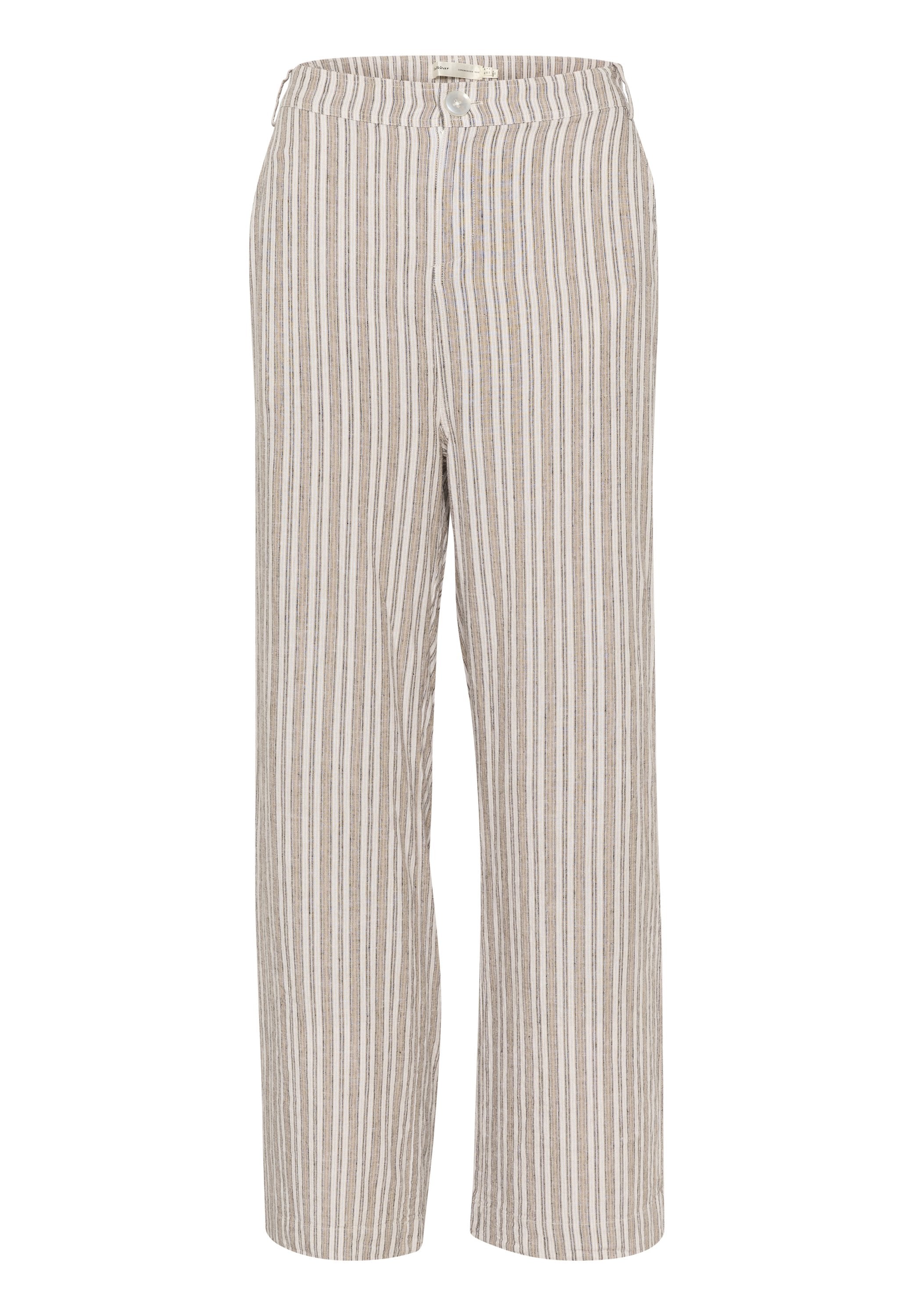 Leinen-Mix weite Beinhosen in Hellbeige mit vertikalen Streifen. Verfügt über einen elastischen Bund und einen einzelnen Knopfverschluss.