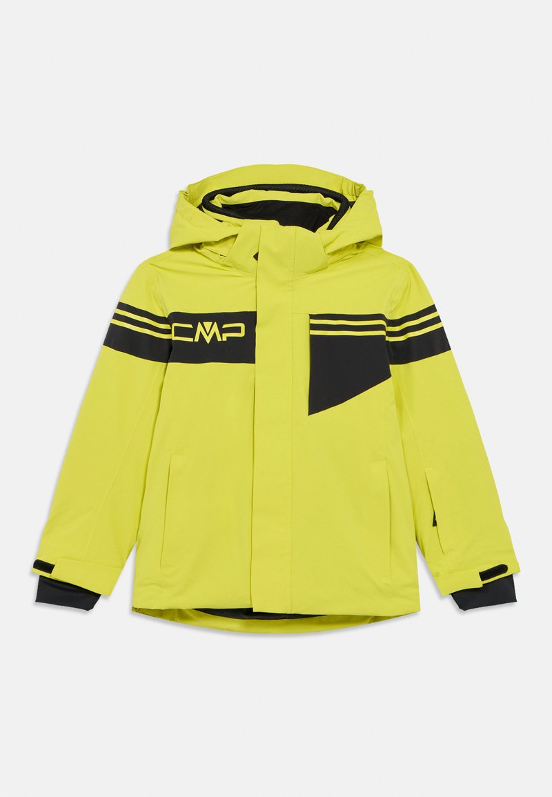 Gelbe wasserdichte Jacke mit Kapuze, schwarzen Akzentstreifen, Logo auf der Brust, Seitentaschen und elastischen Bündchen für einen sicheren Sitz.