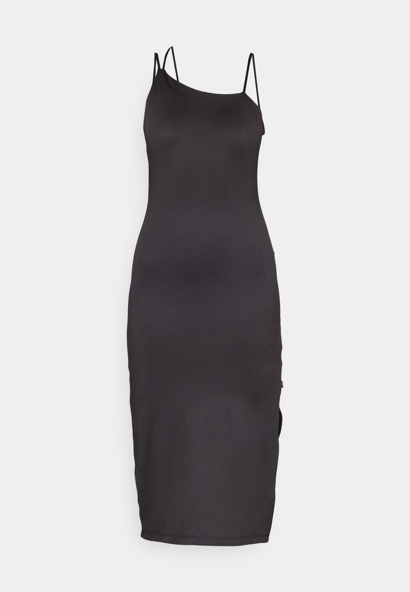 Schwarzes ärmelloses Kleid mit dünnen Trägern, taillierter Silhouette, mittellanger Schnitt, glatter Textur, mit einem seitlichen Schlitz und minimalem Markendetail.