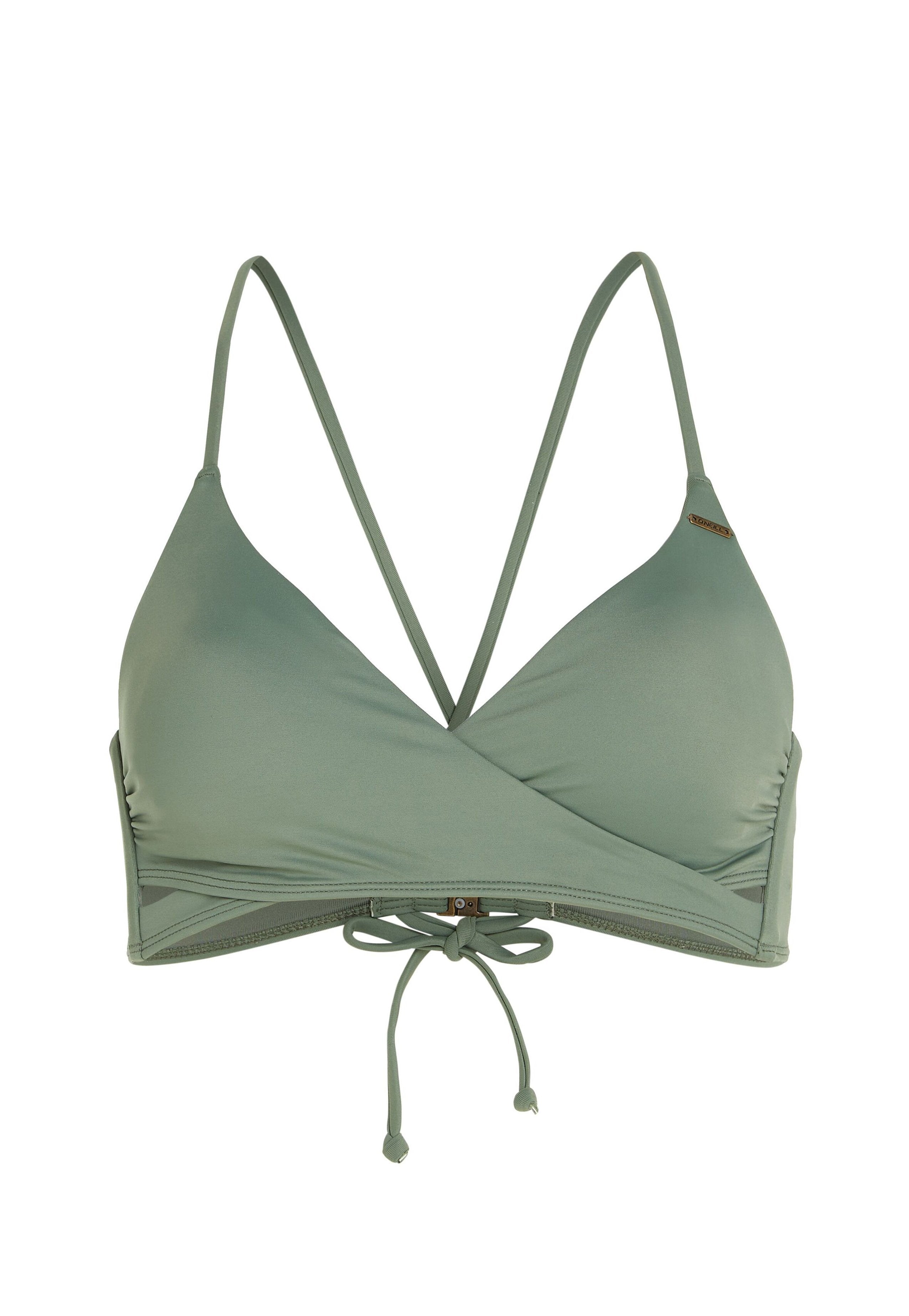 Grüner Bikini-Oberteil mit dreieckiger Form, aus glattem Material gefertigt, mit verstellbaren Trägern und einer Knotenverschluss am unteren Ende.