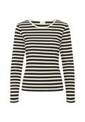 Langarmshirt mit rundem Halsausschnitt, das abwechselnd schwarze und weiße Streifen aufweist, aus Rippstoff gefertigt. Keine besonderen Akzente oder Details.