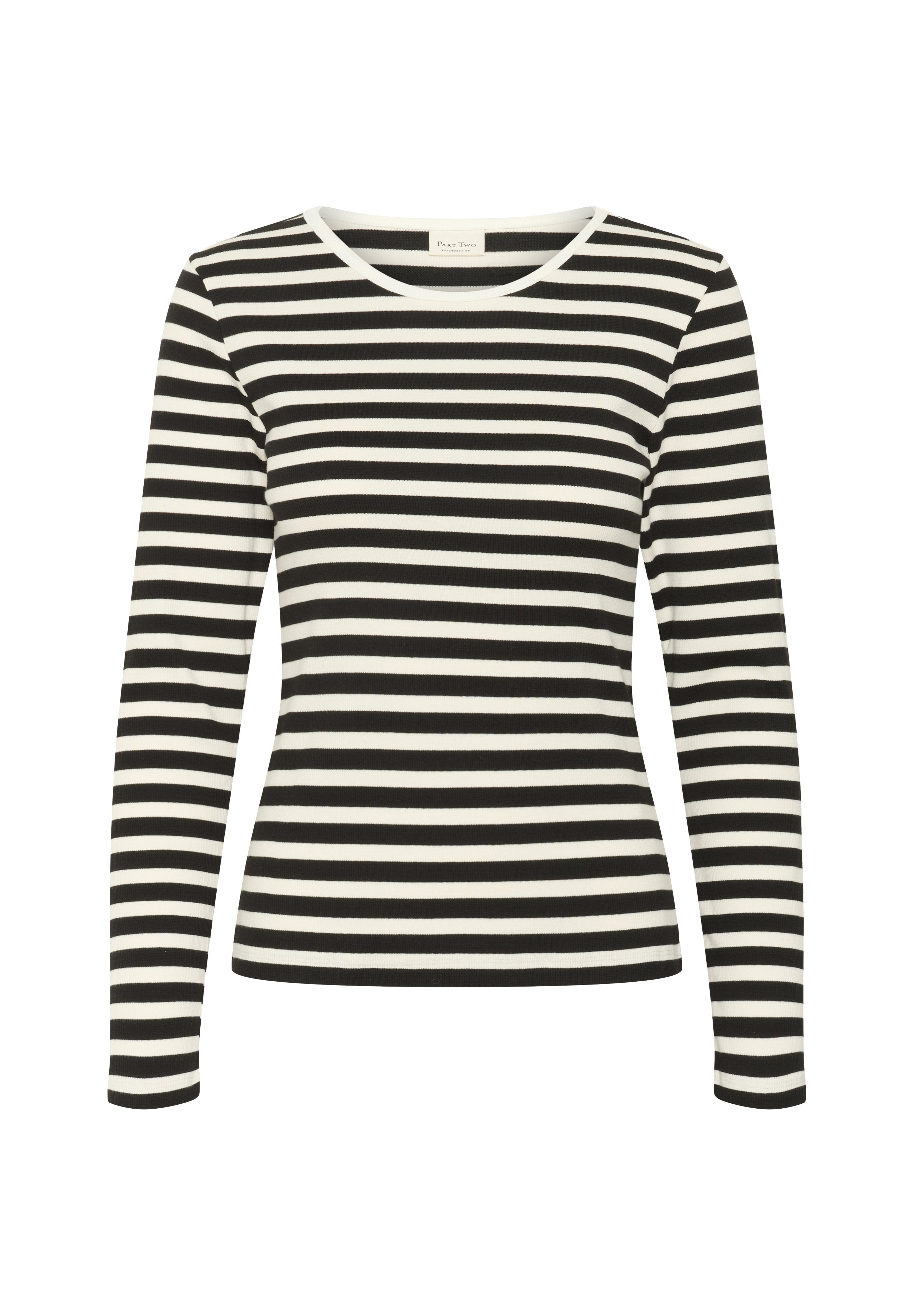 Langarmshirt mit rundem Halsausschnitt, das abwechselnd schwarze und weiße Streifen aufweist, aus Rippstoff gefertigt. Keine besonderen Akzente oder Details.