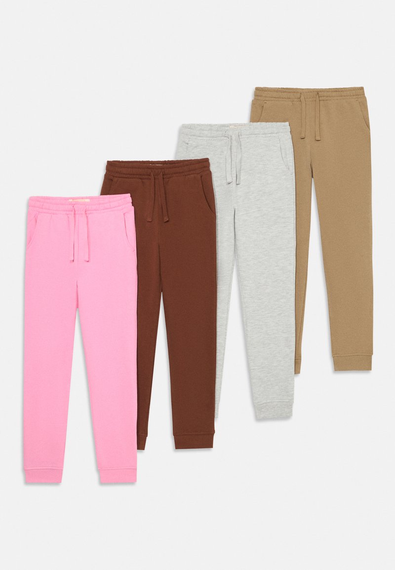 Vier Paare Freizeit-Sweathosen in Pink, Braun, Hellgrau und Beige, jeweils mit elastischem Bund und Kordelzug, nebeneinander liegend.