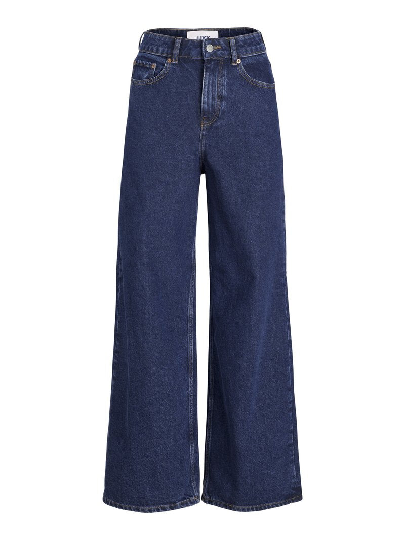 Dunkelblaue, hoch taillierte Jeans mit weitem Bein, vorderen Taschen, Gürtelschlaufen, Knopfverschluss und sichtbaren Nahtdetails.
