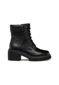 Schwarze Knöchelstiefel aus glattem Leder, mit runder Spitze, Schnürung an der Vorderseite, gepolstertem Kragen und klobigem, strukturiertem Absatz.