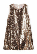 Pailletten Kleid mit ärmellosem Design, das goldene und bronzefarbene Pailletten in einem vertikalen Muster zeigt, Rundhalsausschnitt und Knopfverschluss auf der Rückseite.