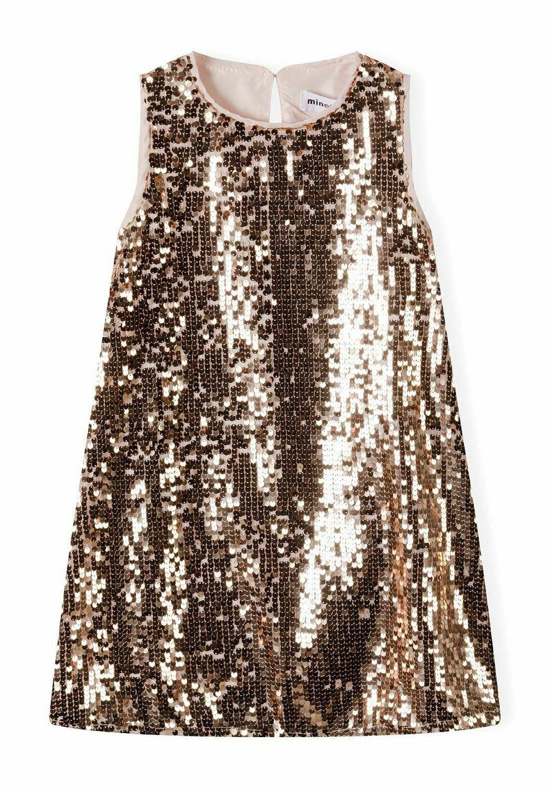 Pailletten Kleid mit ärmellosem Design, das goldene und bronzefarbene Pailletten in einem vertikalen Muster zeigt, Rundhalsausschnitt und Knopfverschluss auf der Rückseite.