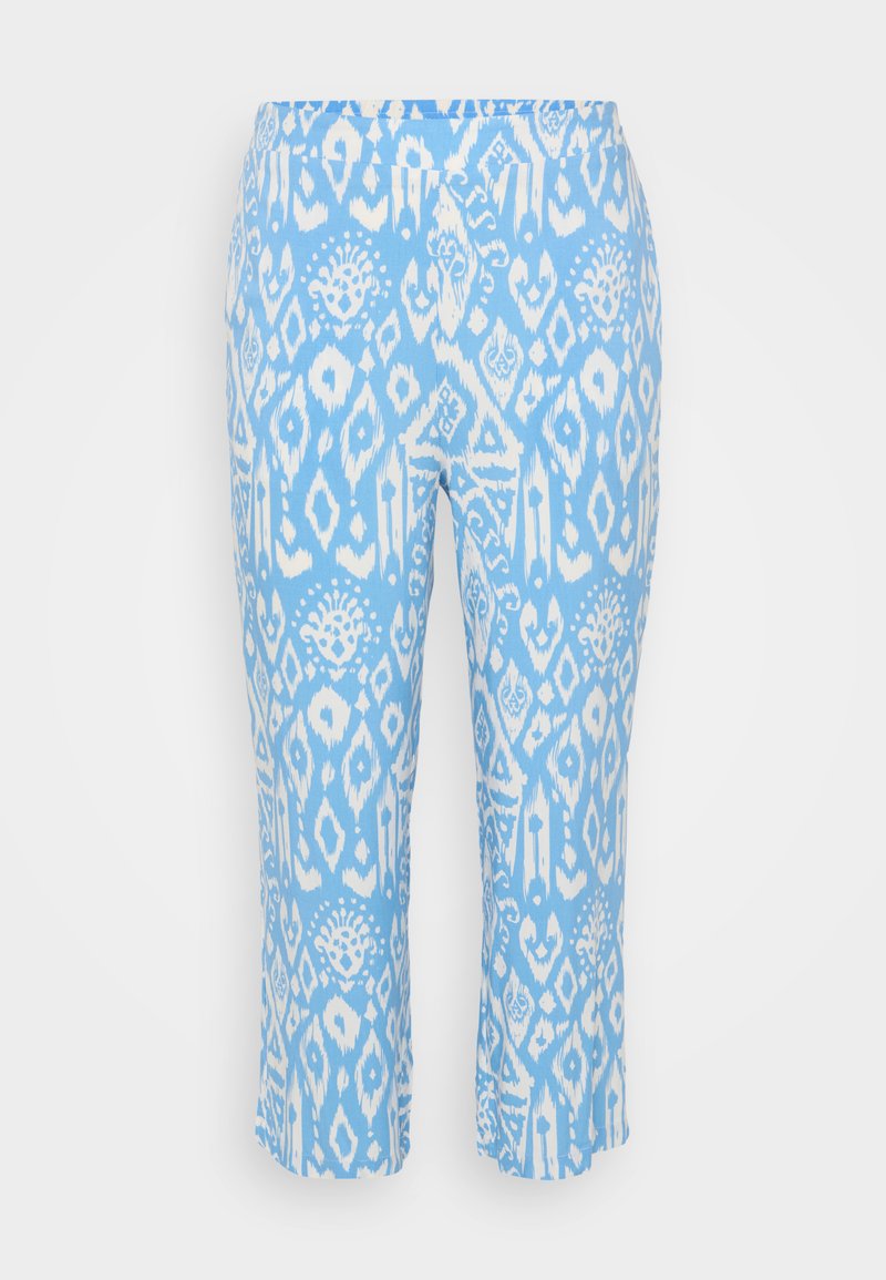 Himmelblaue Capri-Hosen mit einem weißen geometrischen Muster. Hergestellt aus einem weichen, dehnbaren Stoff mit einem elastischen Bund.