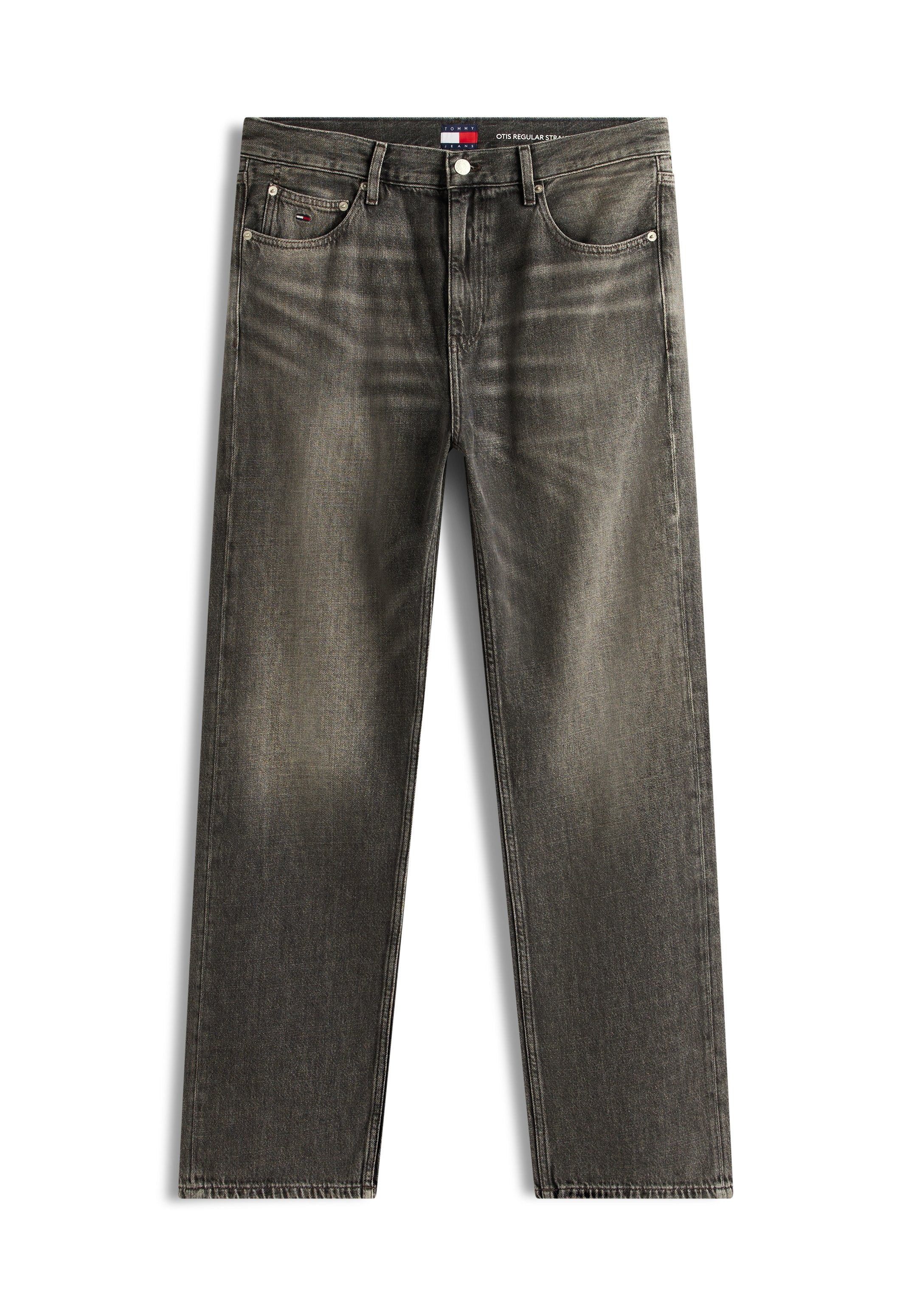 Graue Jeans mit geradem Bein, klassischem Fünf-Taschen-Design und Metallknopfverschluss, mit dezenten Verwaschungen und Tommy Hilfiger Markenlogo.
