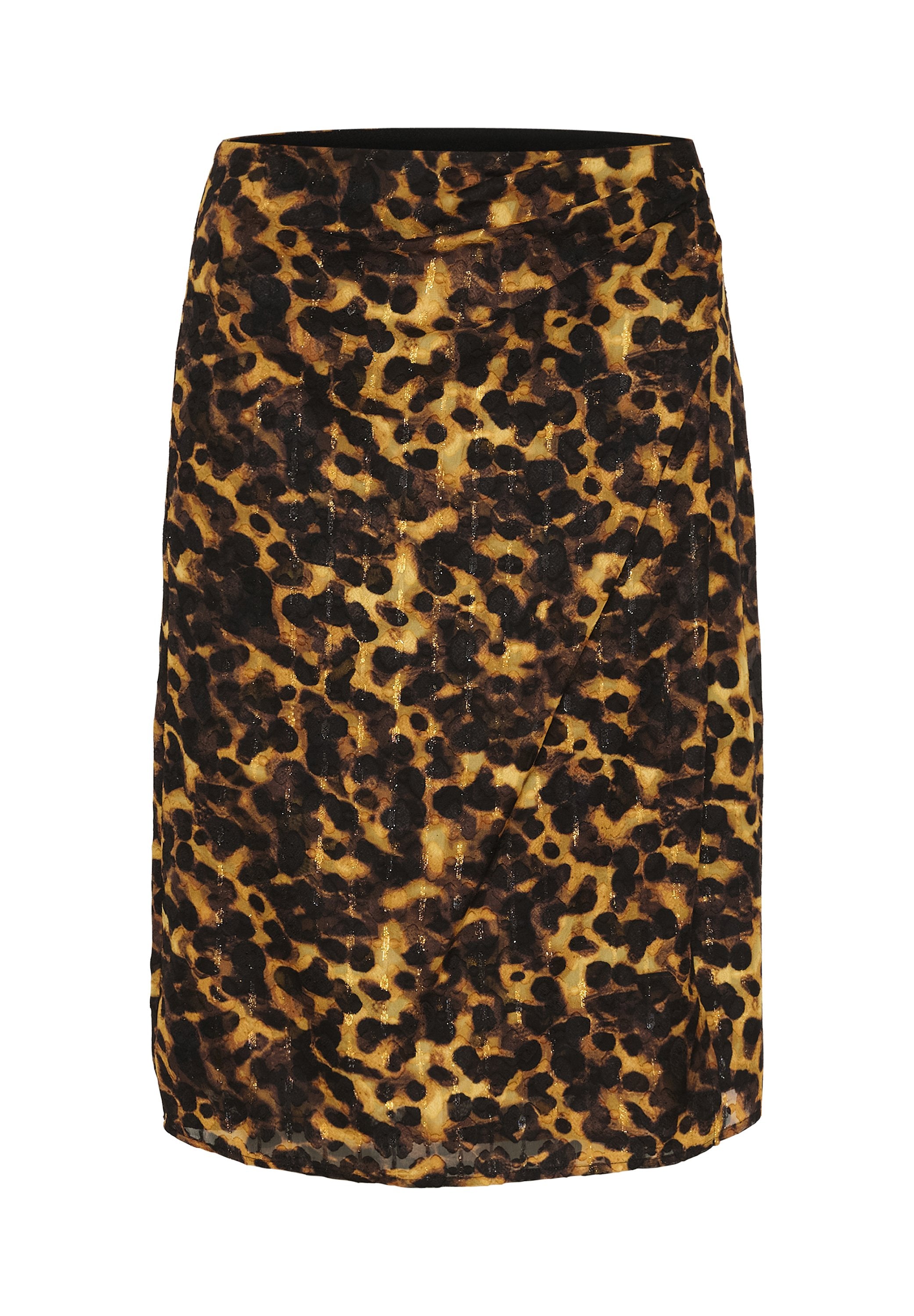 Leopardenmuster-Rock in Brauntönen und Gold. Hergestellt aus einem strukturierten Stoff, verfügt er über eine taillierte Passform und einen knielangen Schnitt.